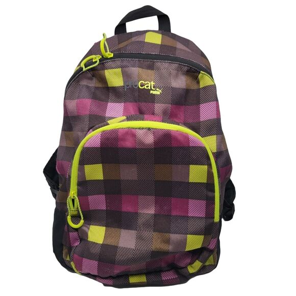 Puma Procat 16" Purple Neon Black School Travel Check Plaid Book Bag Backpack - Picture 2 of 12